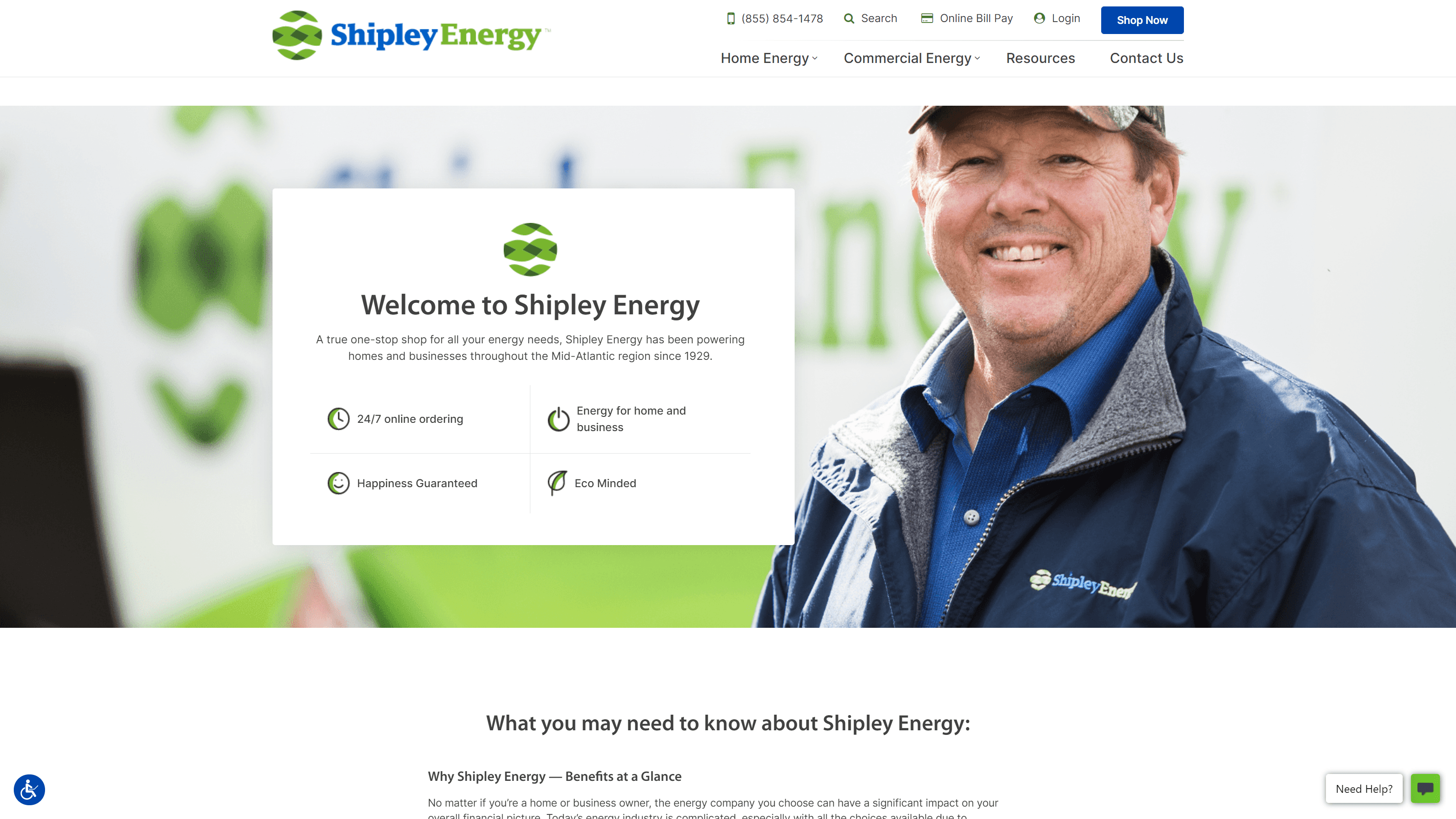 A smiling man in a Shipley Energy uniform with a blurred green and white background, alongside website text detailing Shipley Energy's services and history.