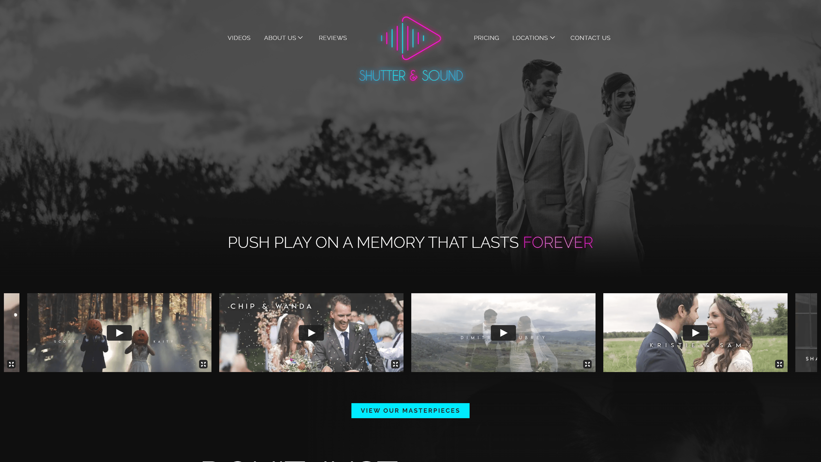 Website interface for 'Shutter & Sound' featuring a navigation bar, a banner with a slogan and a black and white image of a smiling couple, and video thumbnails with couples' names.