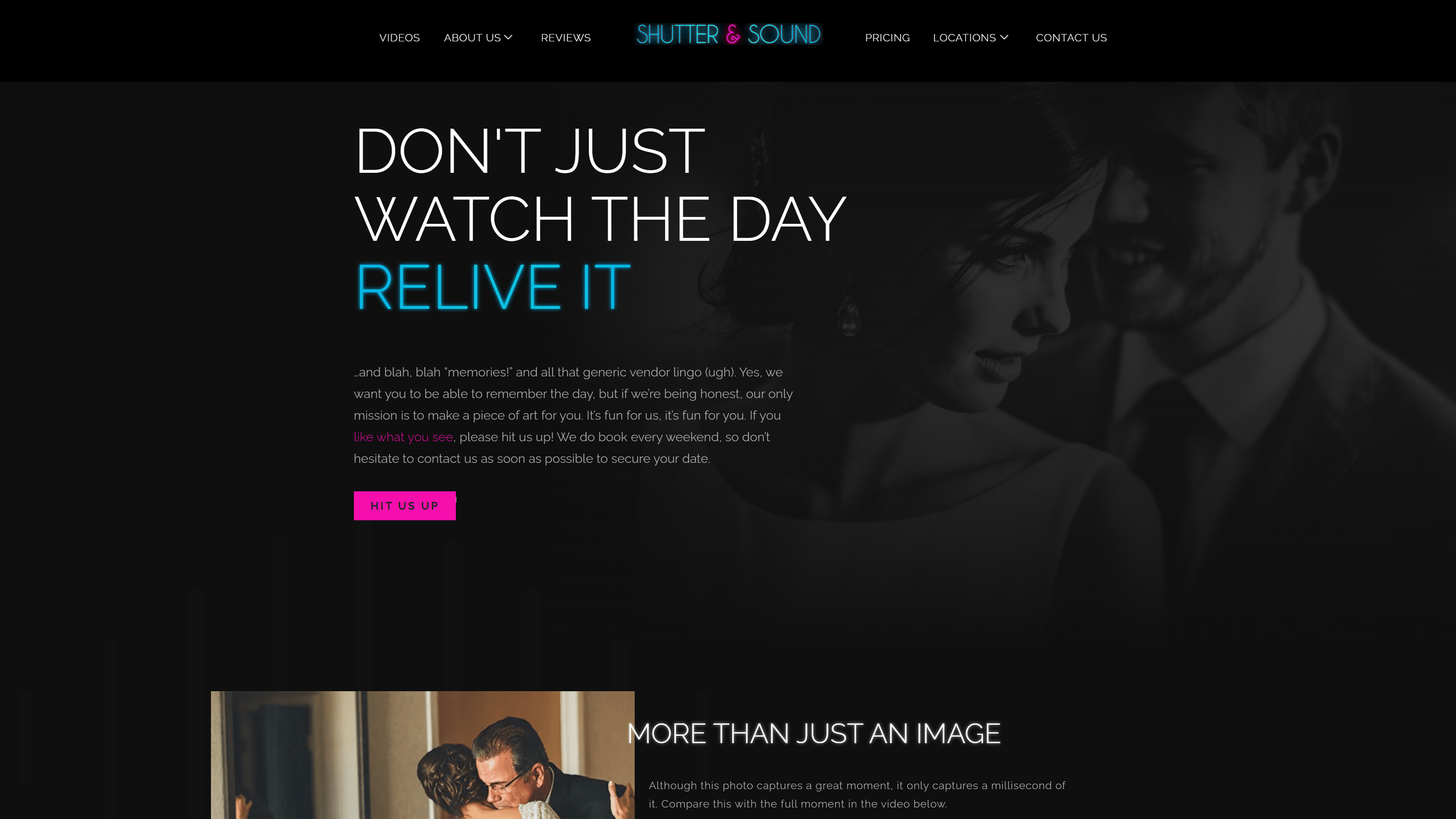 Promotional banner for a photography and videography service with text encouraging viewers to relive their memories, featuring a monochrome image of an intimate moment between a couple, and a call-to-action button.