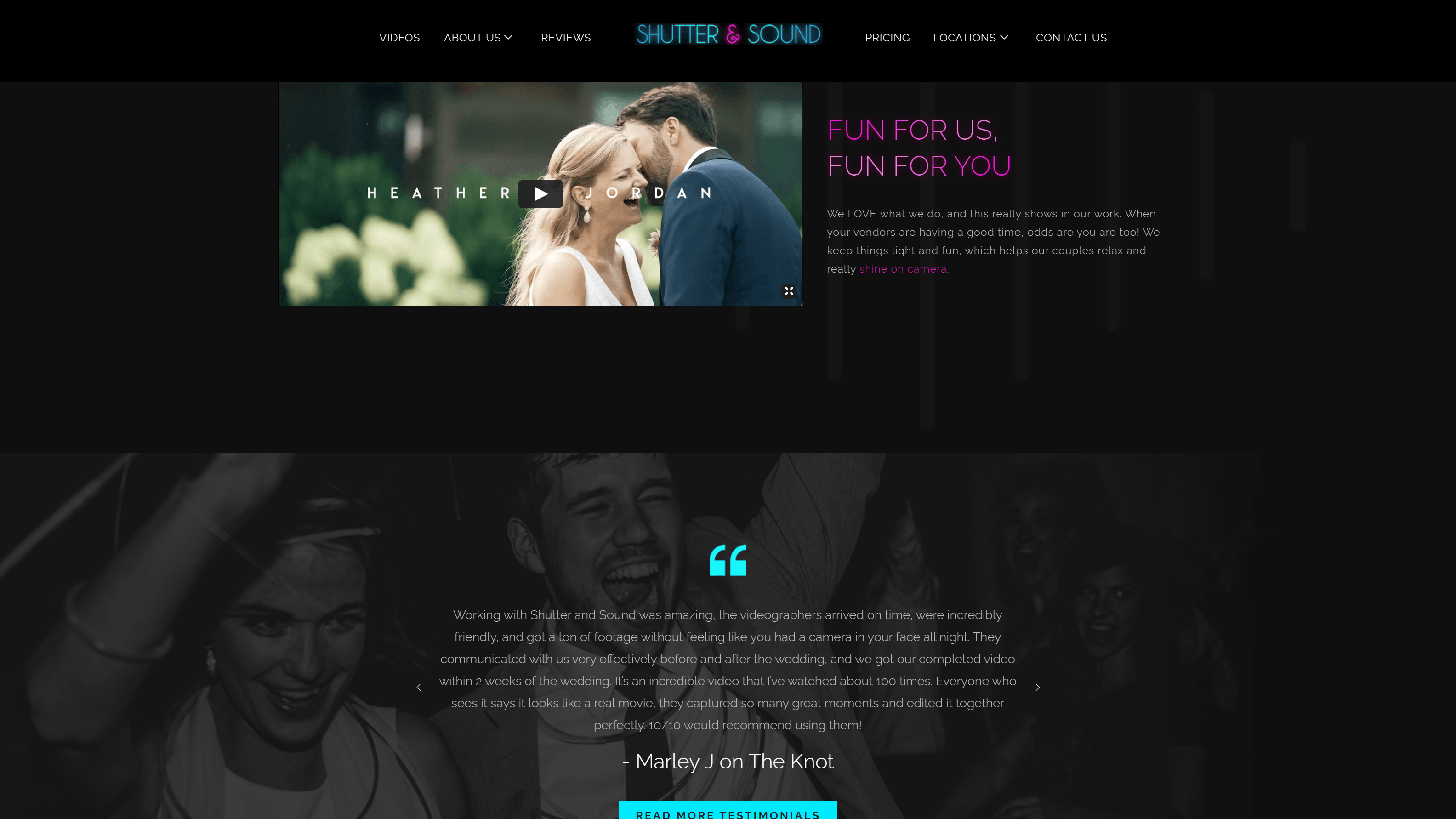 Screenshot of Shutter & Sound's website featuring a video thumbnail of a couple, celebratory black and white images, a customer testimonial, and website navigation links.