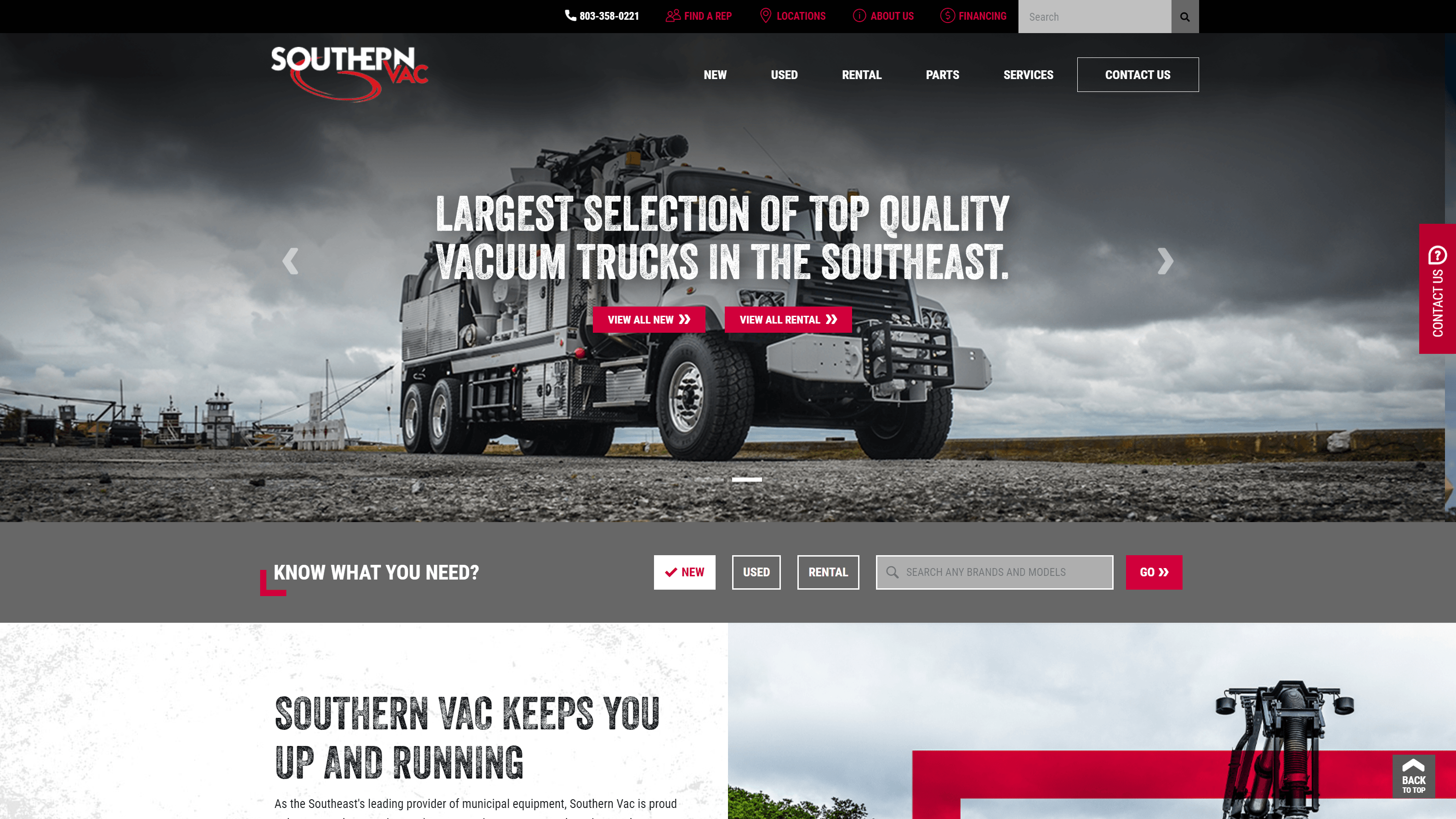 A vacuum truck displayed on a website for Southern Vac with a statement about their selection, navigation menu, and search options.