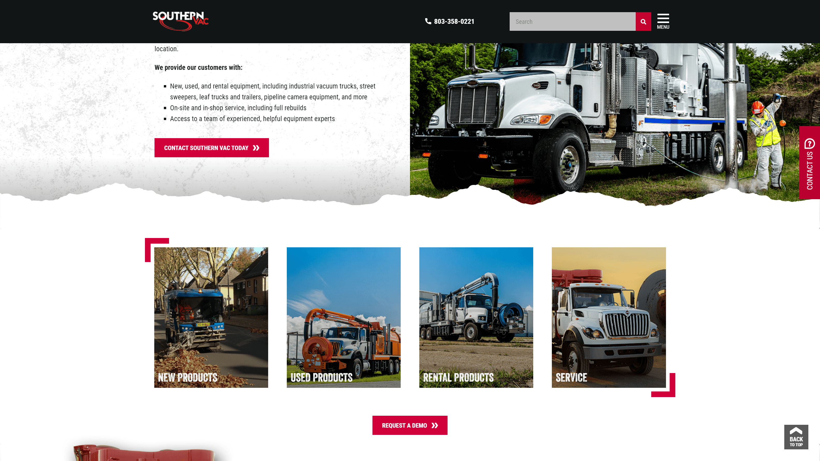 Screenshot of Southern Vac's website featuring a white industrial vacuum truck with an operator in safety gear, and smaller images of various new, used, and rental equipment with labels for different product categories.