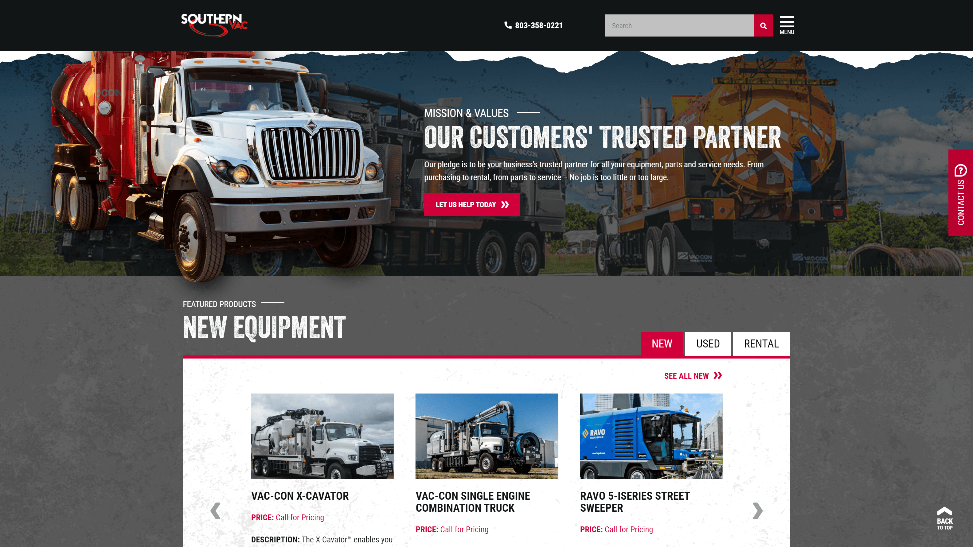 Screenshot of Southern Vac's website featuring industrial vacuum trucks, with a mission statement, contact information, and featured new equipment including a VAC-CON X-Cavator, a single engine combination truck, and a RAVO street sweeper.