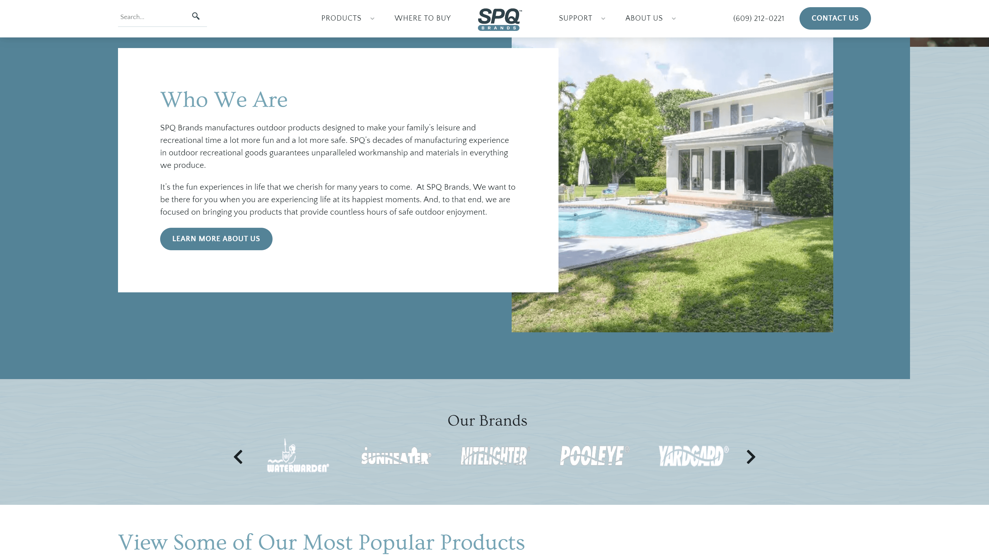 Screenshot of SPQ Brands 'Who We Are' webpage with company description, 'Learn More' button, and 'Our Brands' section featuring brand logos, alongside images of a residential area and a house with a pool.