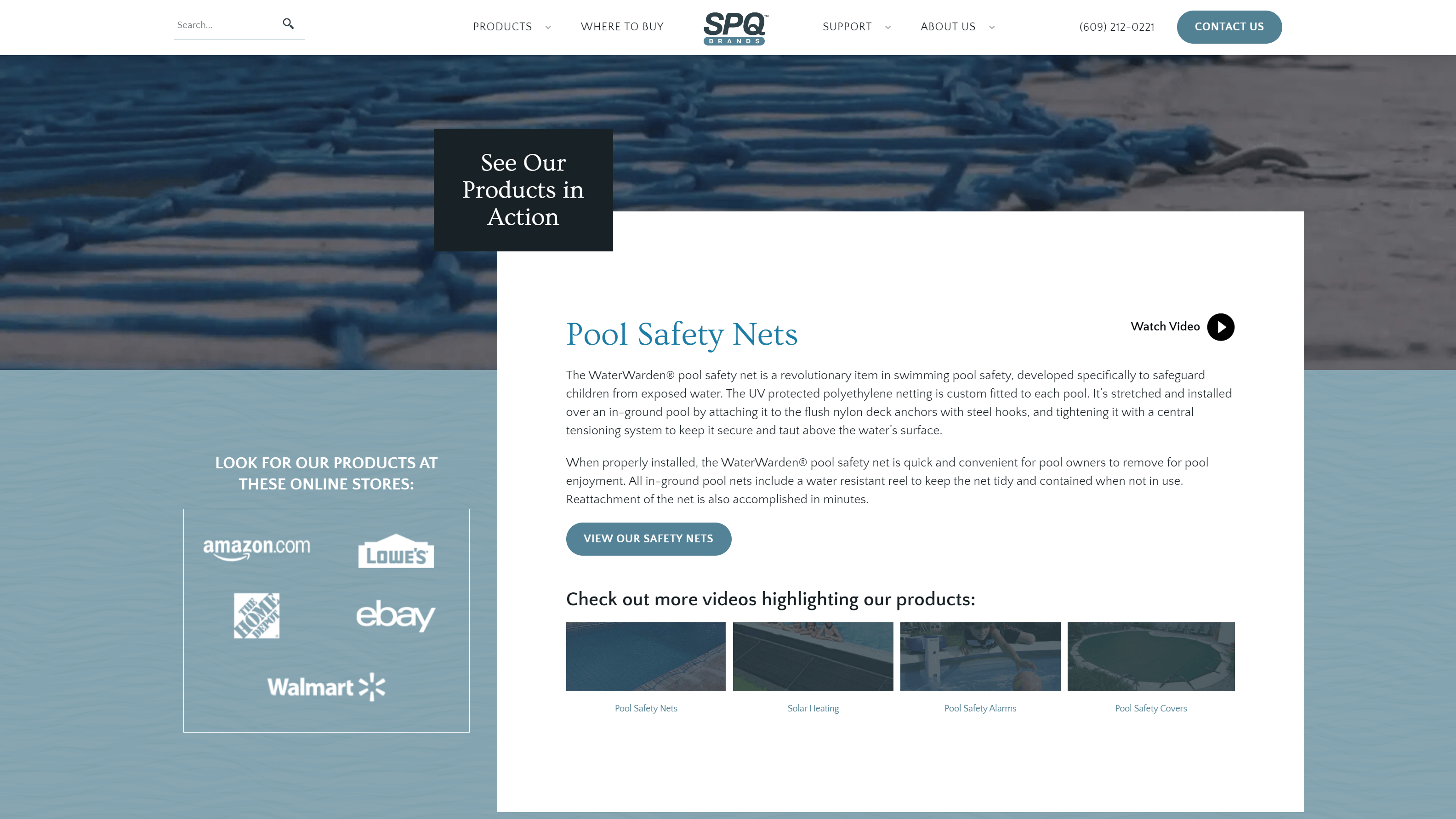 Screenshot of SPG Brands website featuring Pool Safety Nets with a product description, video thumbnails for related products, and logos of online retailers like Amazon and Walmart.