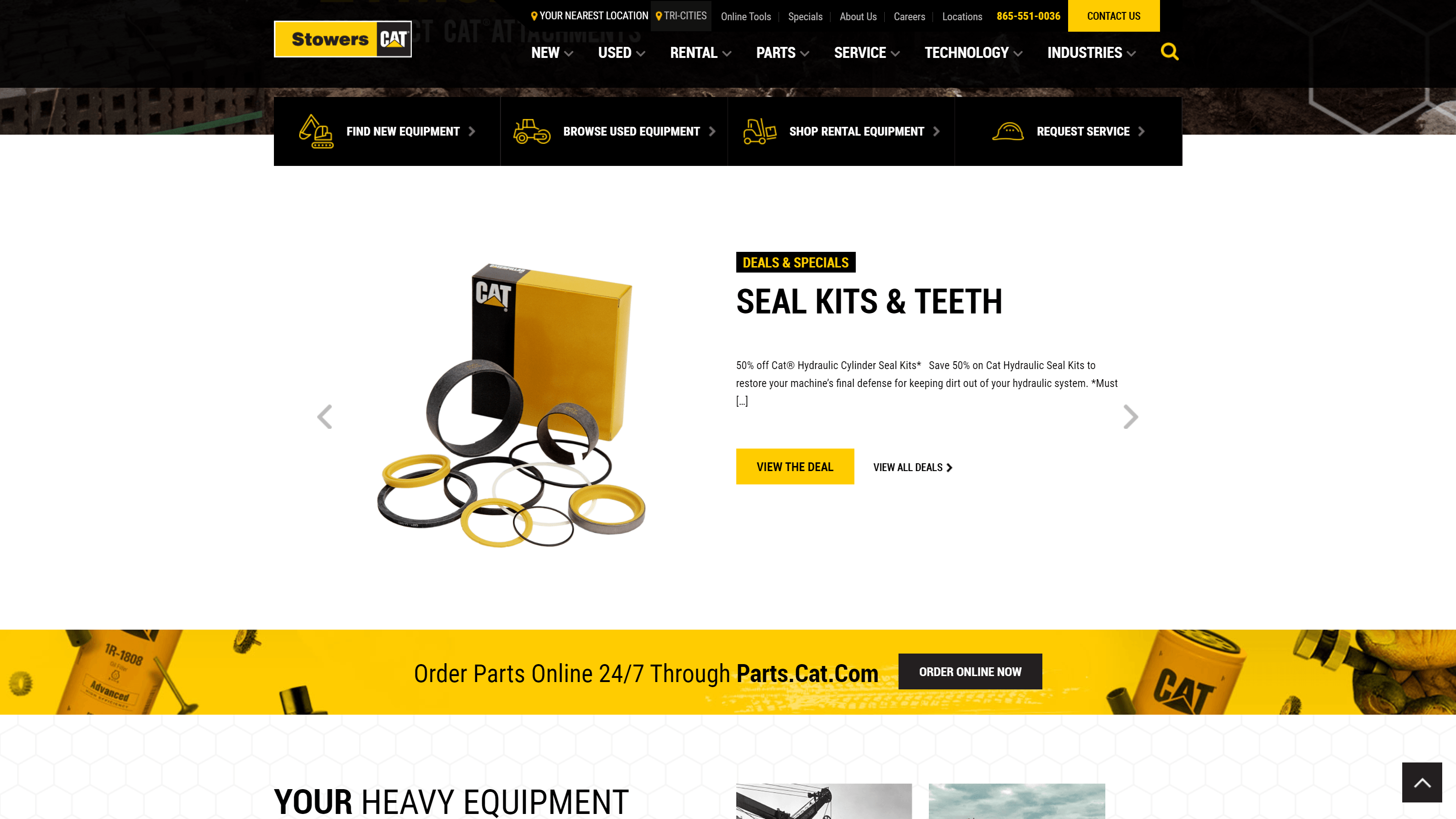 Promotional banner for Caterpillar Inc. featuring a 50% off deal on hydraulic cylinder seal kits and teeth, with images of seal rings and a CAT branded box.