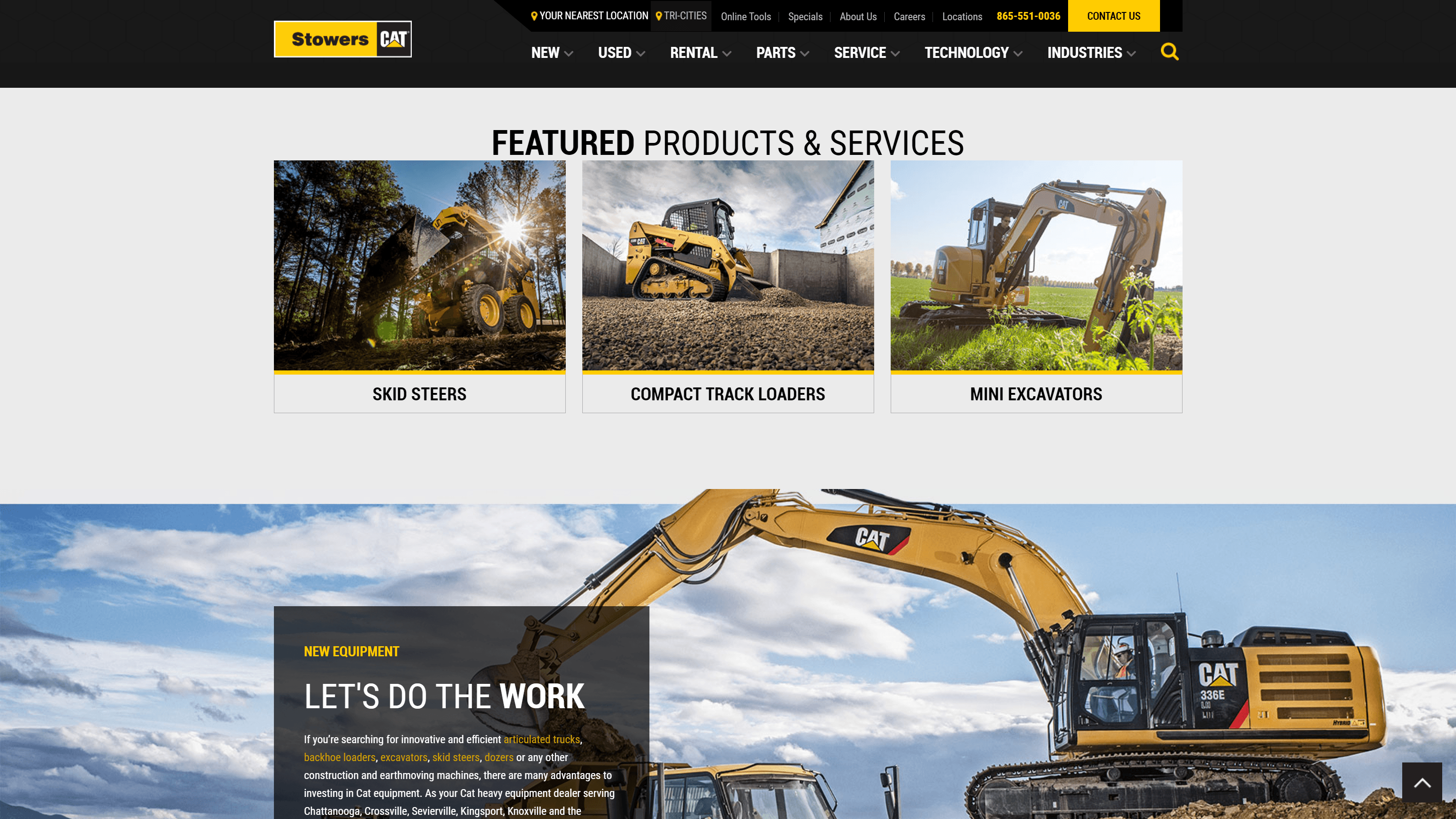 Screenshot of Stowers CAT website featuring navigation options, a banner for featured products and services with images of skid steers, compact track loaders, and mini excavators, and a section promoting new equipment with a call to action.