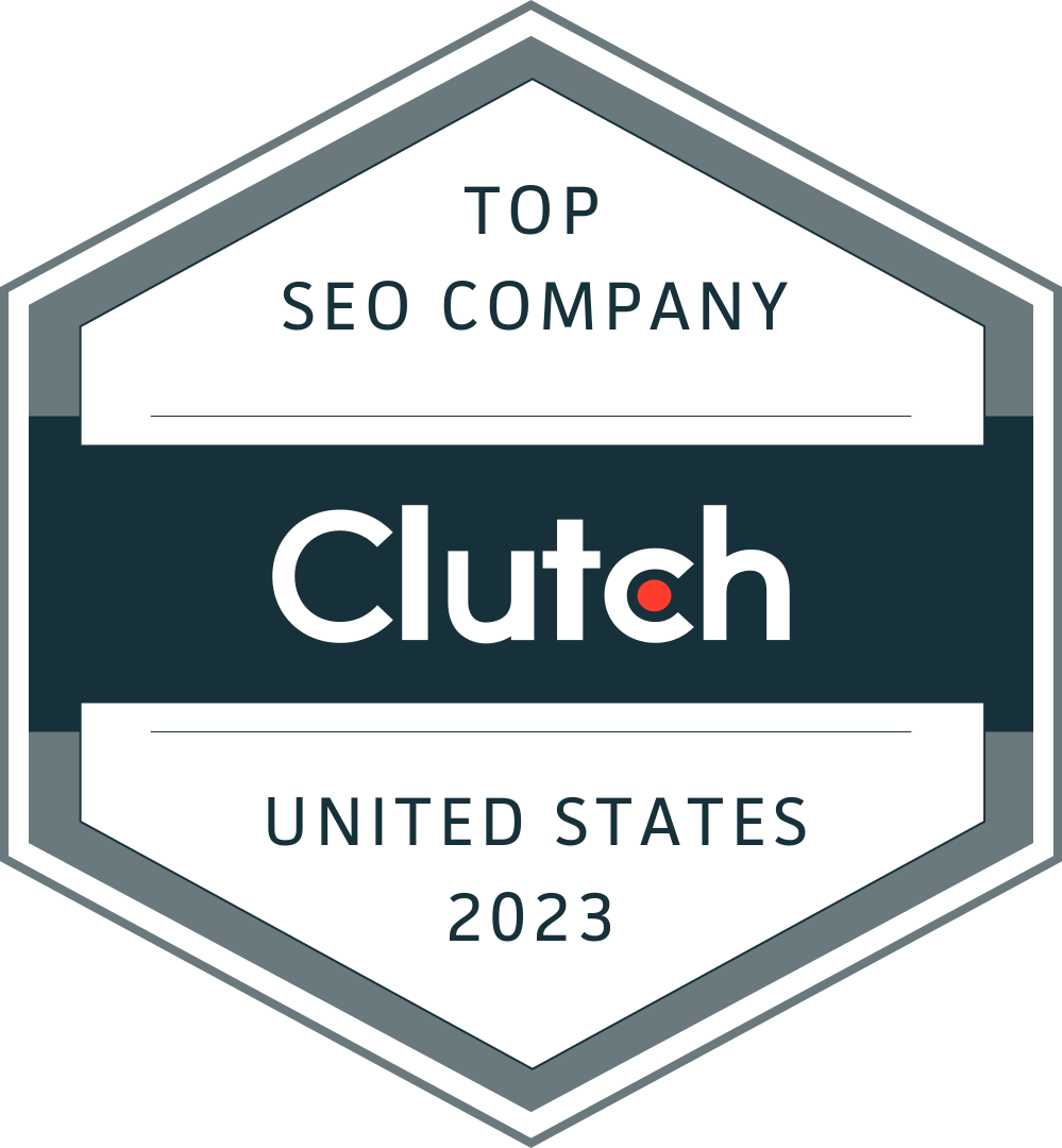 Award badge indicating 'TOP SEO COMPANY' with the Clutch logo, awarded in the United States for the year 2023.