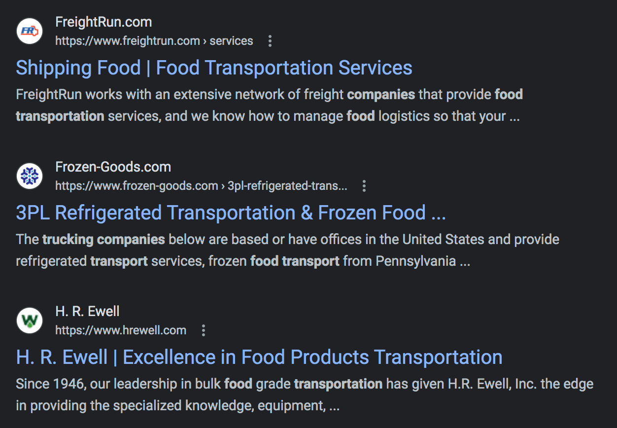 Google listing for food transportation companies