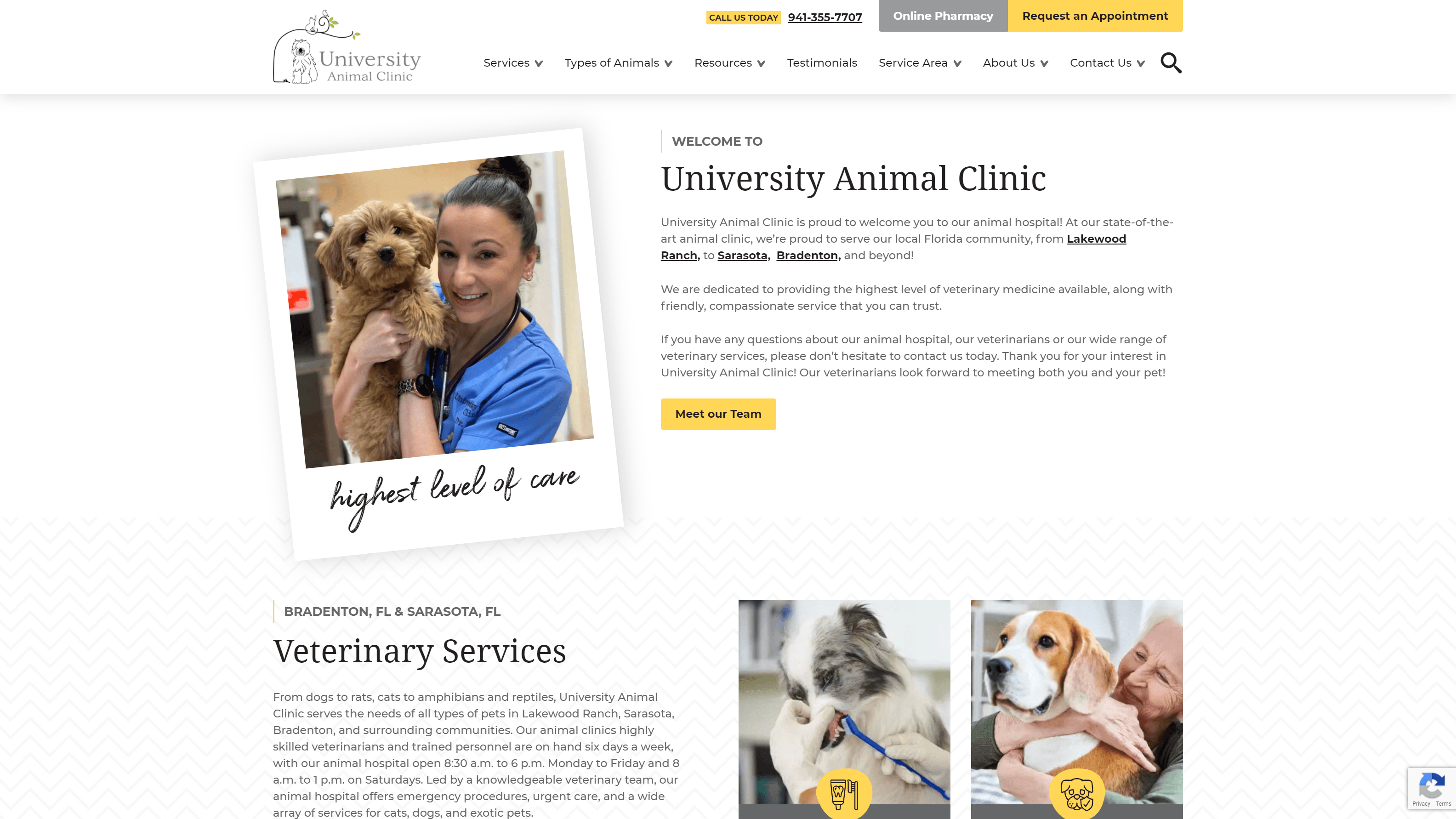 Screenshot of University Animal Clinic's website featuring a navigation bar, welcome message, and a photo of a smiling veterinary professional holding a small dog.