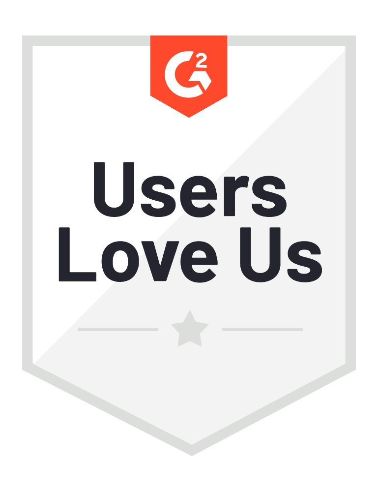 A digital badge with a white background and a green border, featuring the G2 logo in orange at the top and the text 'Users Love Us' with a star icon below the text.