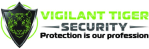 Logo of Vigilant Tiger Security featuring a stylized tiger's head inside a shield, with the company name and slogan 'Protection is our profession' beside it.