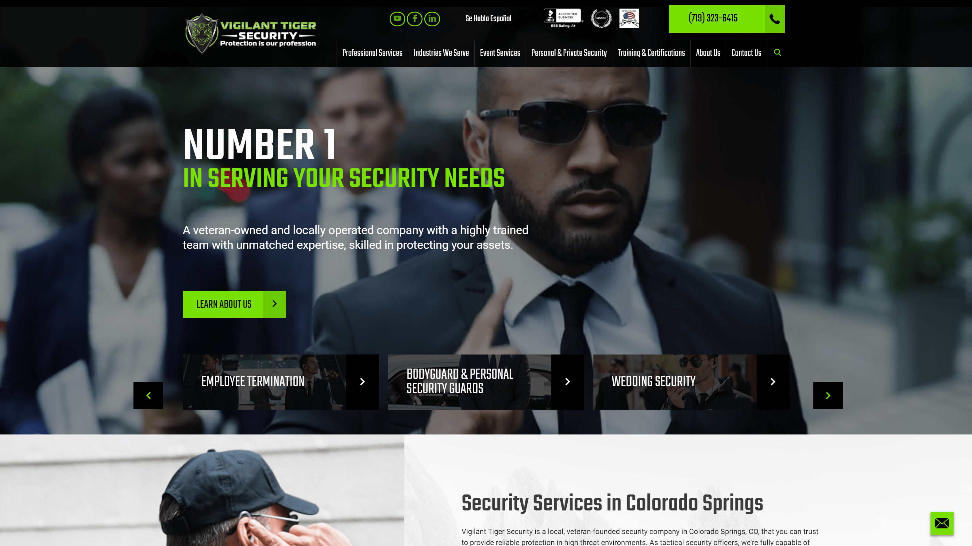 Homepage of Vigilant Tiger Security featuring a banner with a security guard in sunglasses and text promoting their services as the top security provider, along with navigation links, contact information, and additional service options like employee termination, personal bodyguards, and wedding security.