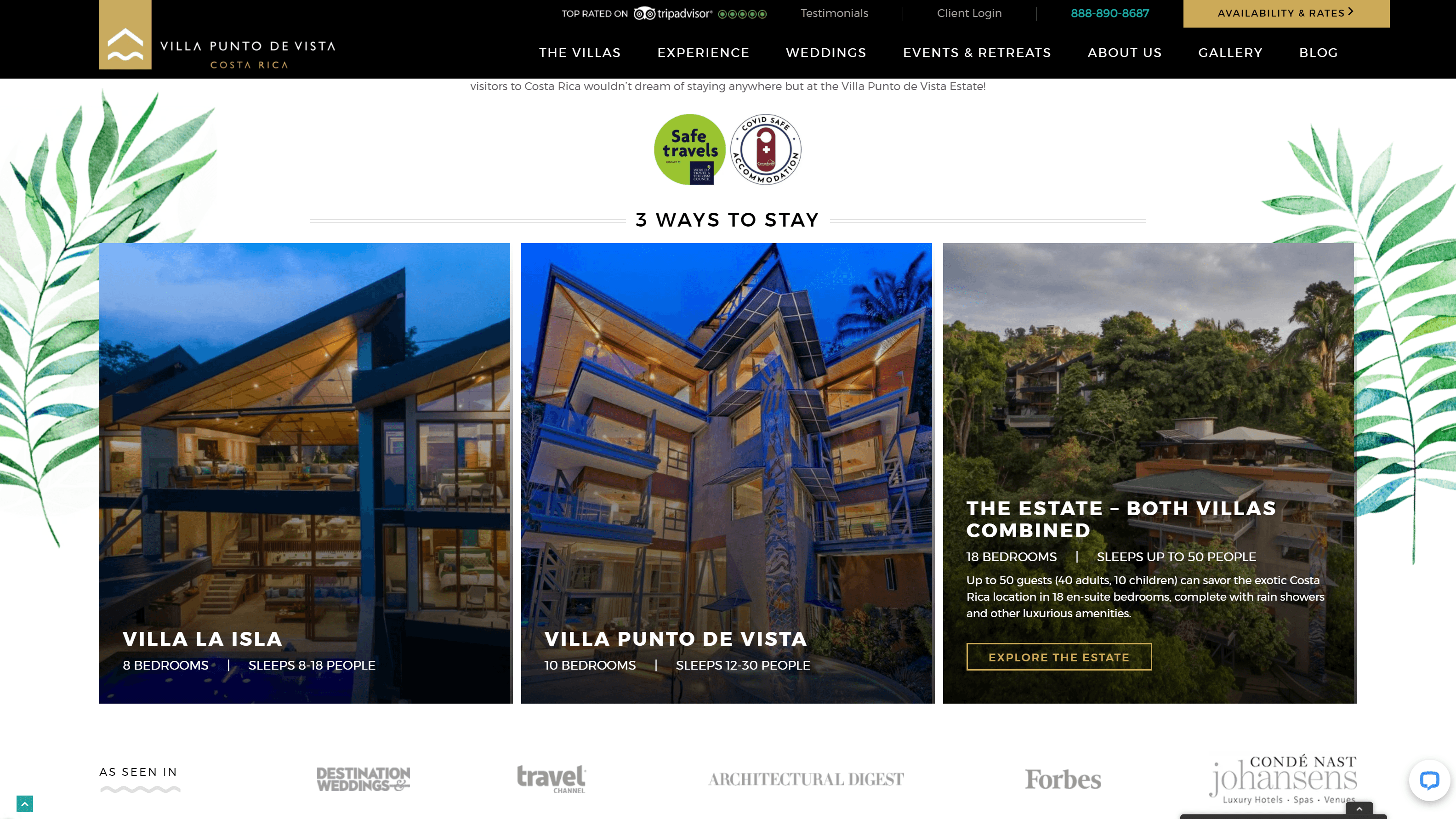 Screenshot of Villa Punto de Vista website showcasing three accommodation options: Villa La Isla, Villa Punto de Vista, and The Estate with varying bedroom counts and guest capacities, along with featured publication logos at the bottom.