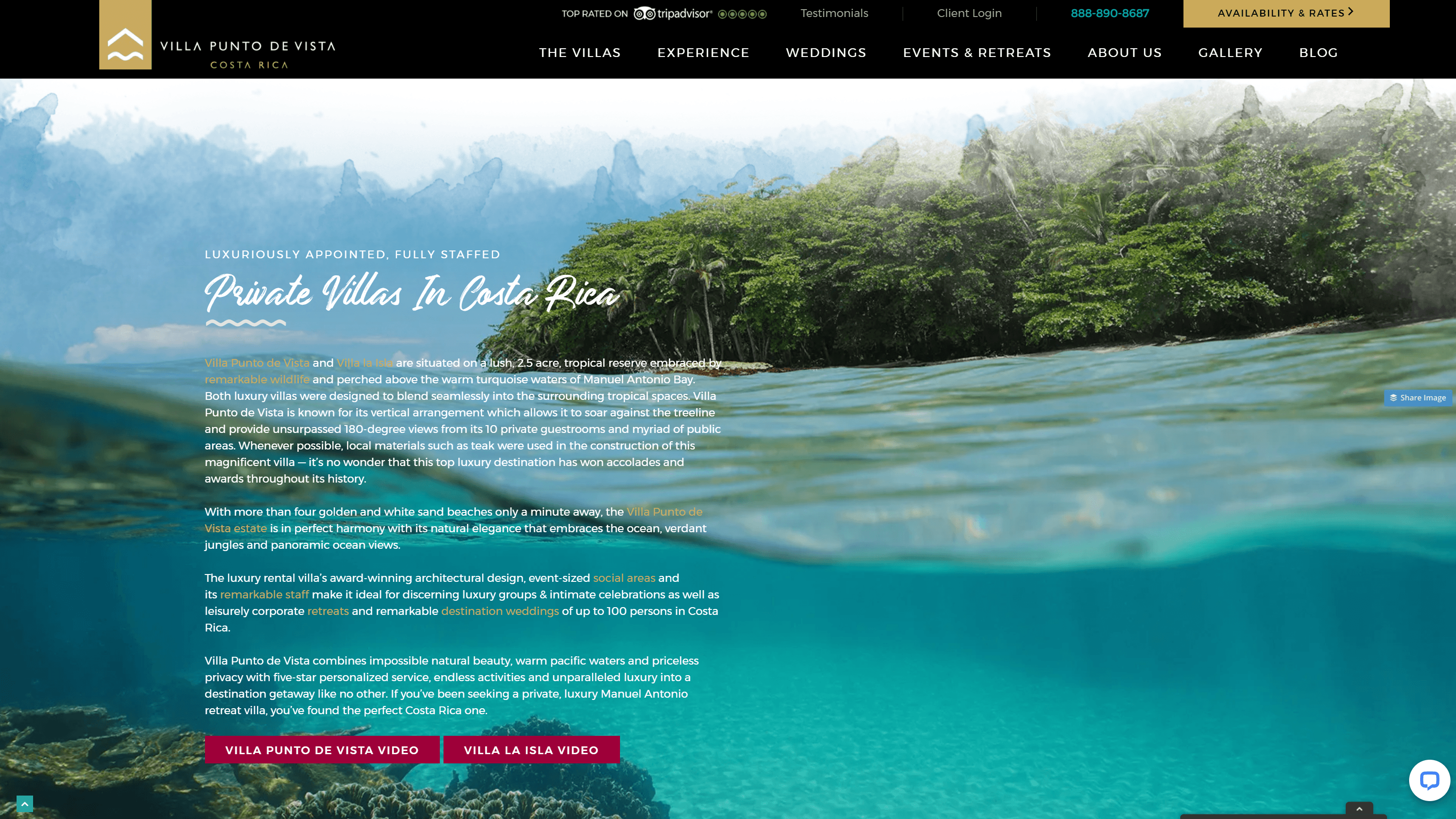 Screenshot of Villa Punto de Vista website with a scenic view of a tropical coastline in Costa Rica, advertising private luxury villas with text overlays and navigation menu.