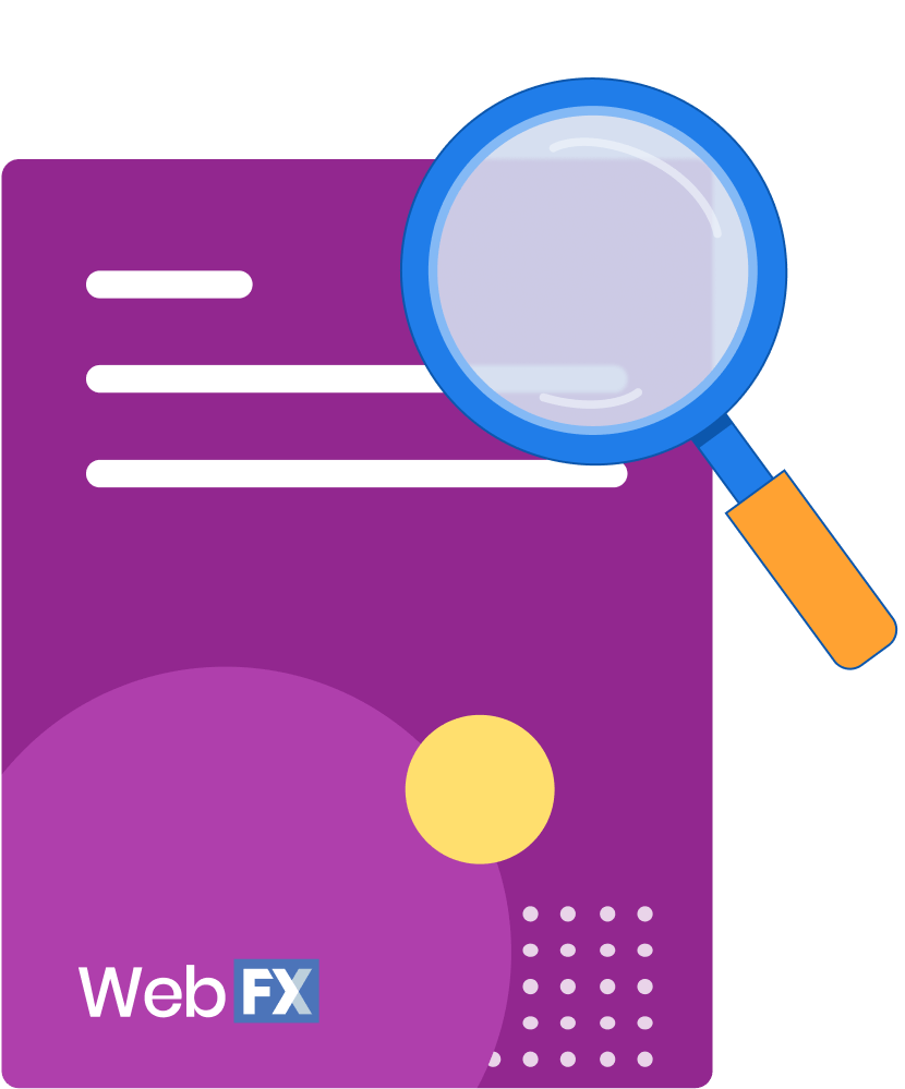 Magnifying glass over a purple page graphic.