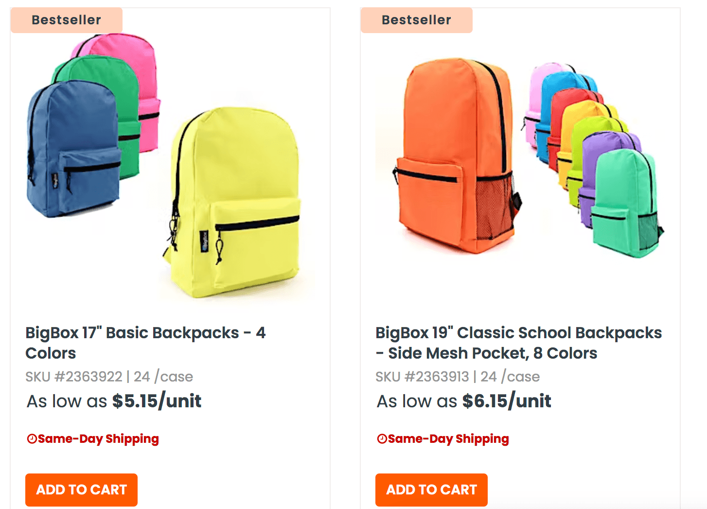 Product listings for multi-colored backpacks on a wholesaler website