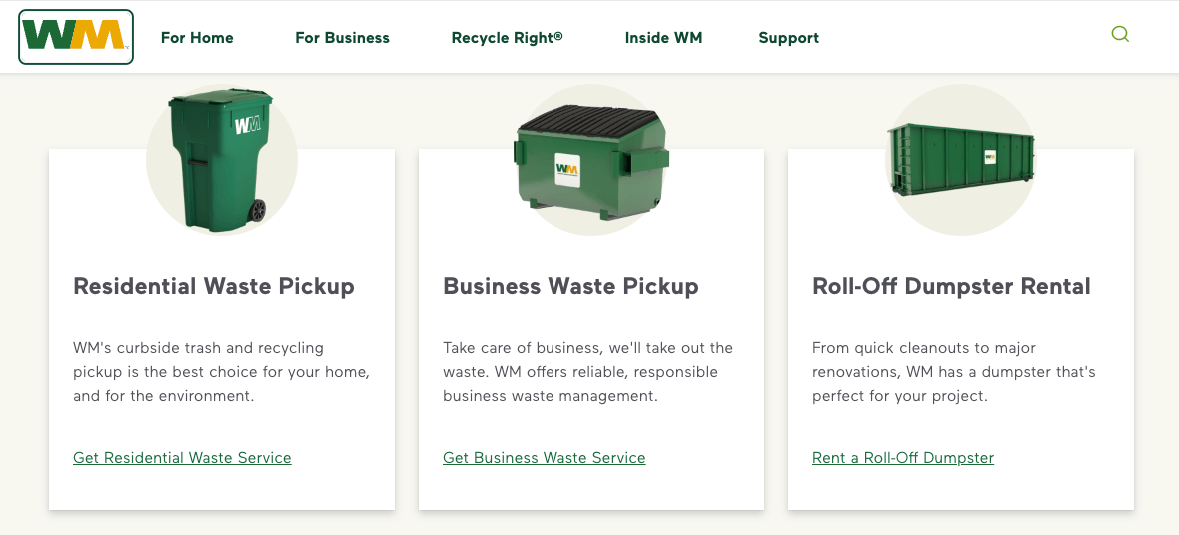 Waste Management homepage featuring their services colored in green and yellow