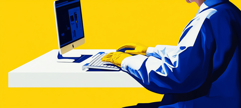 Person in lab coat using a computer