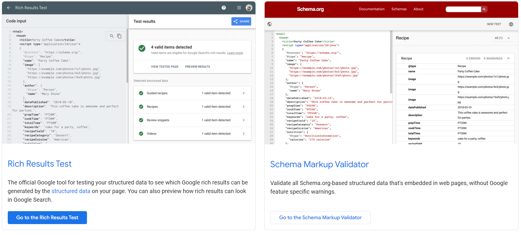 Google Markup Testing tool and Schema.org Markup Validator