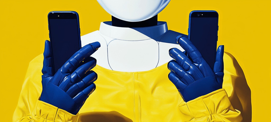 A robot holding two cell phones in its hands