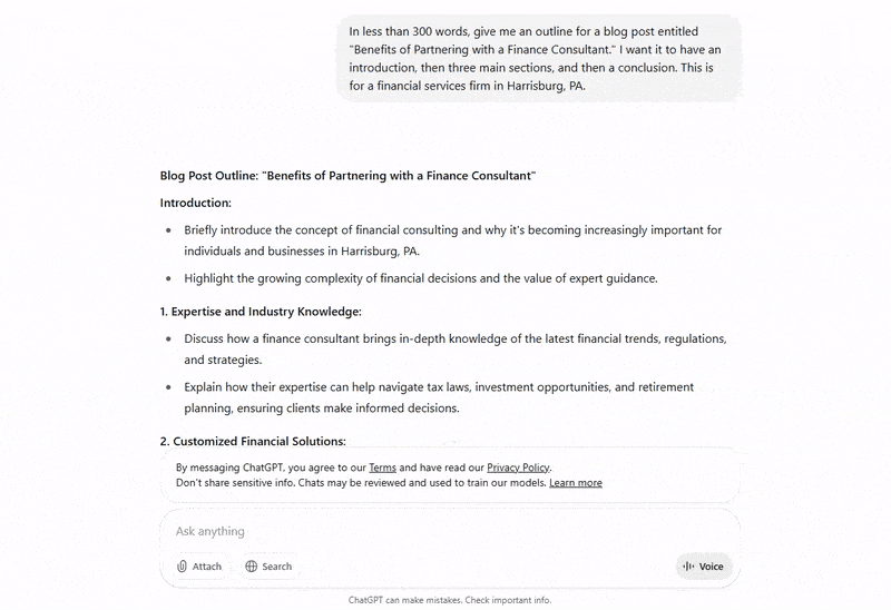 chatgpt generating a blog outline