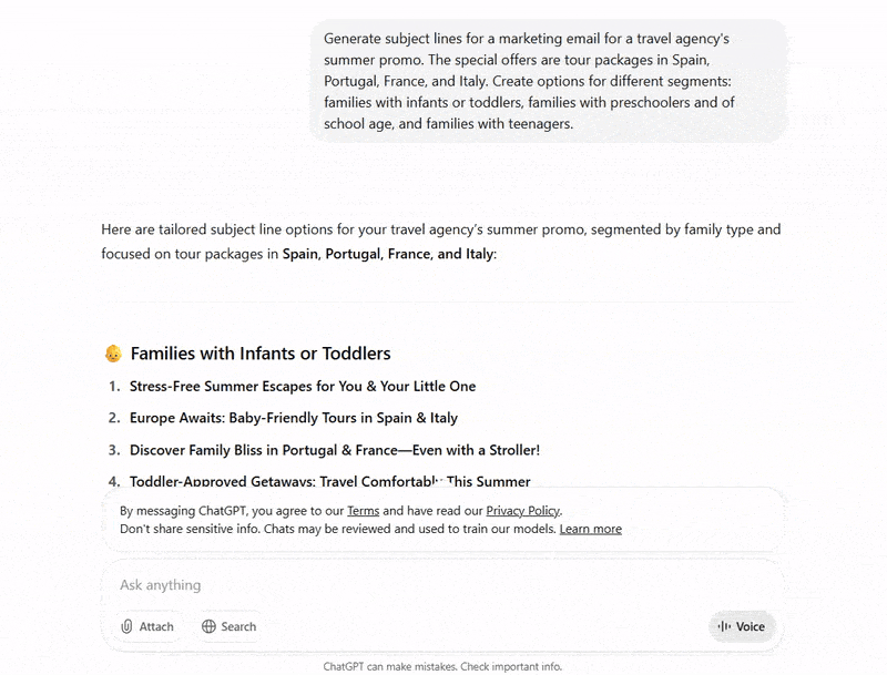 chatgpt generating email subject lines