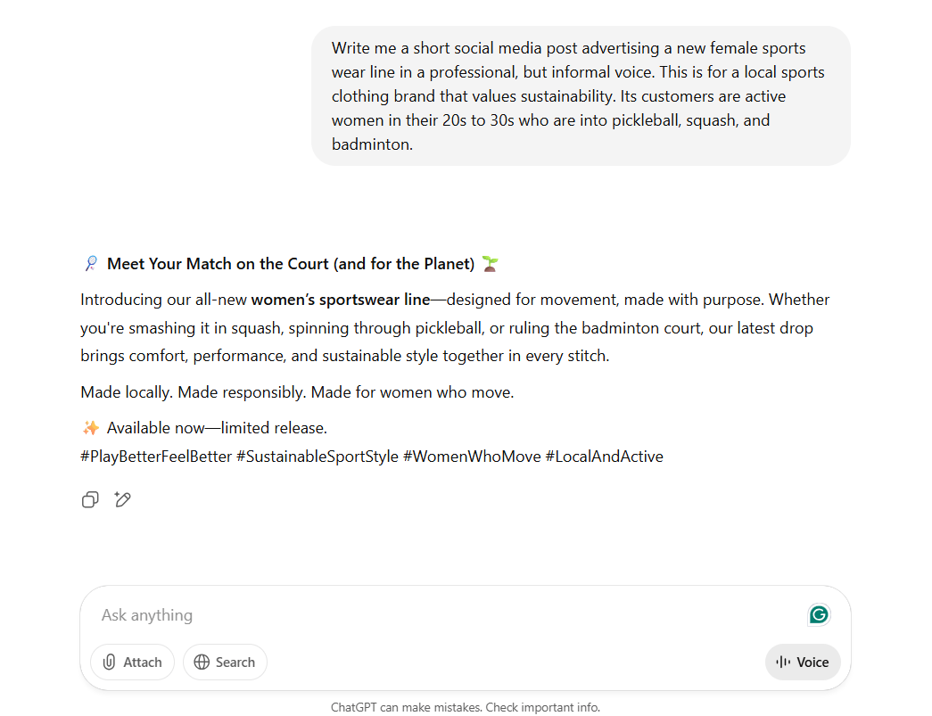 chatgpt example for social media post