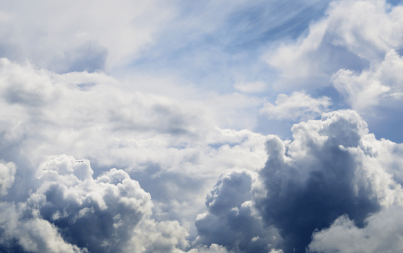 Fluffy and dense white to gray clouds in a light blue sky with some areas vividly illuminated by sunlight.