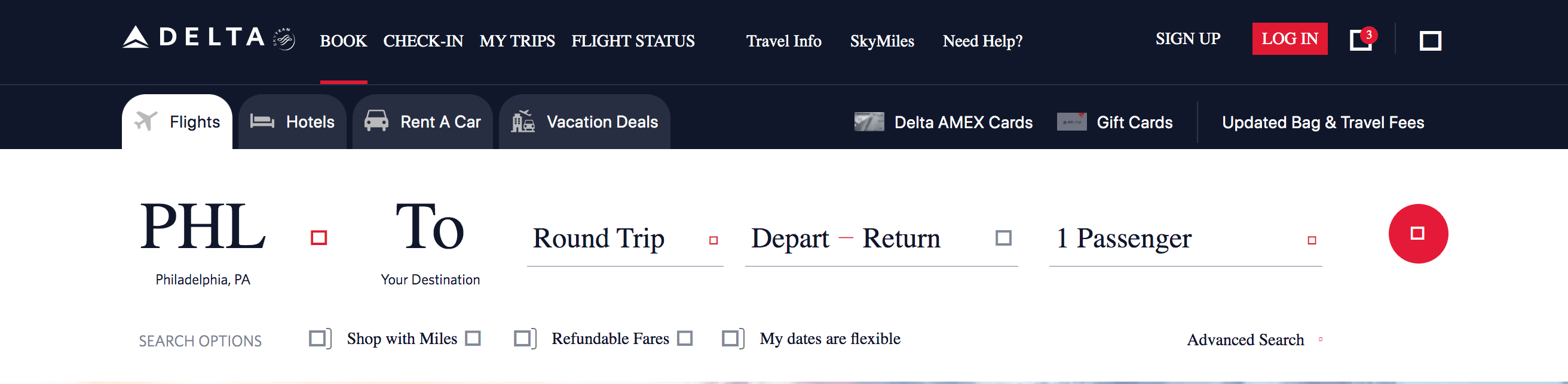 Delta airlines website at the top