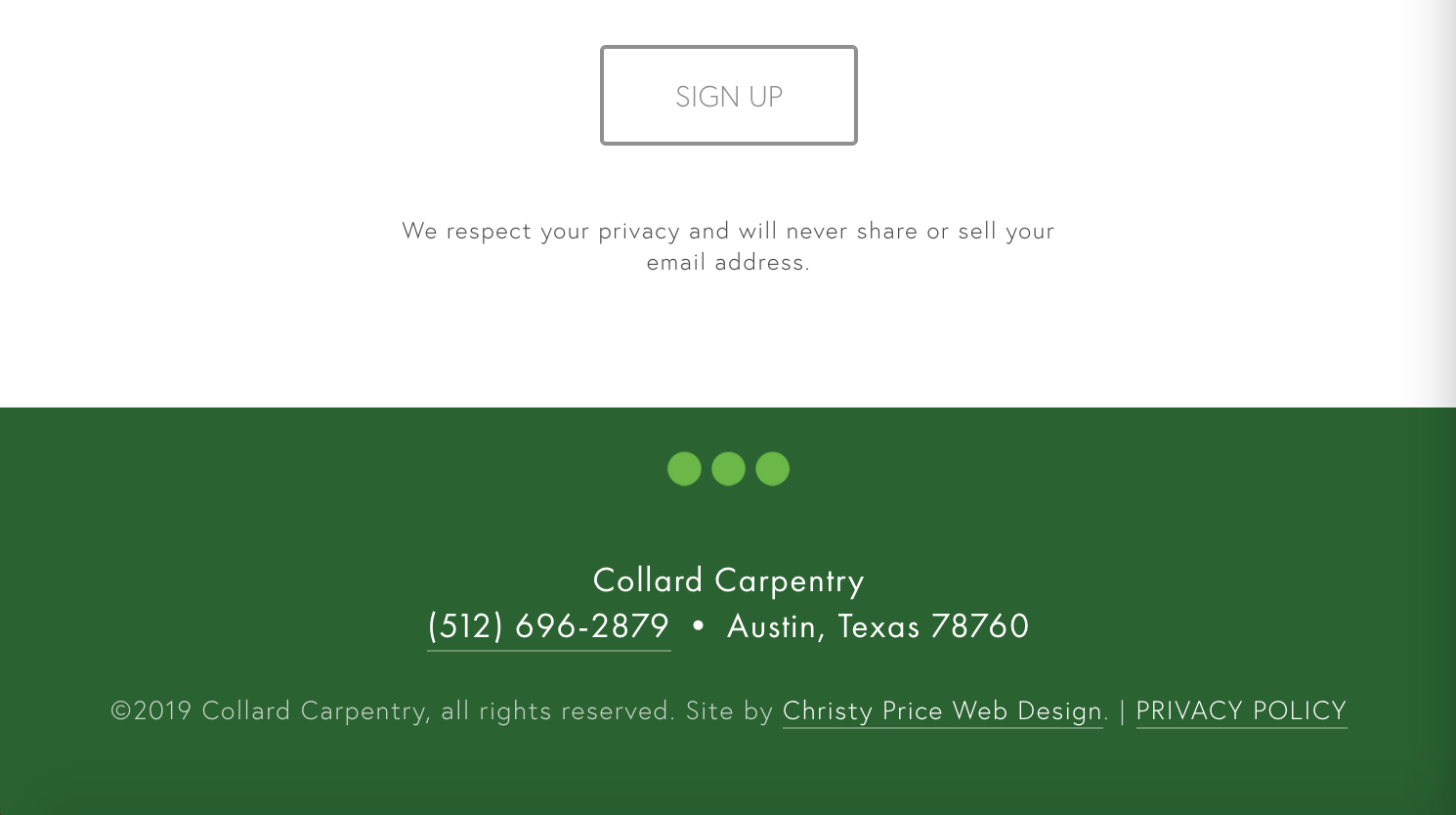 Green footer at the bottom of Collard Carpentry's website