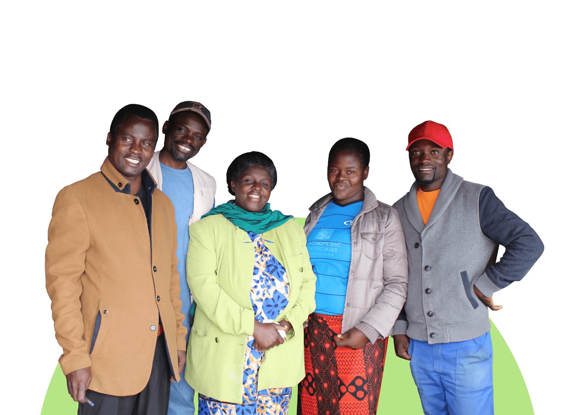 Five smiling adults of African descent standing together against a green background. They are dressed in a mix of casual and semi-formal attire, with colorful patterns on some of their clothing.