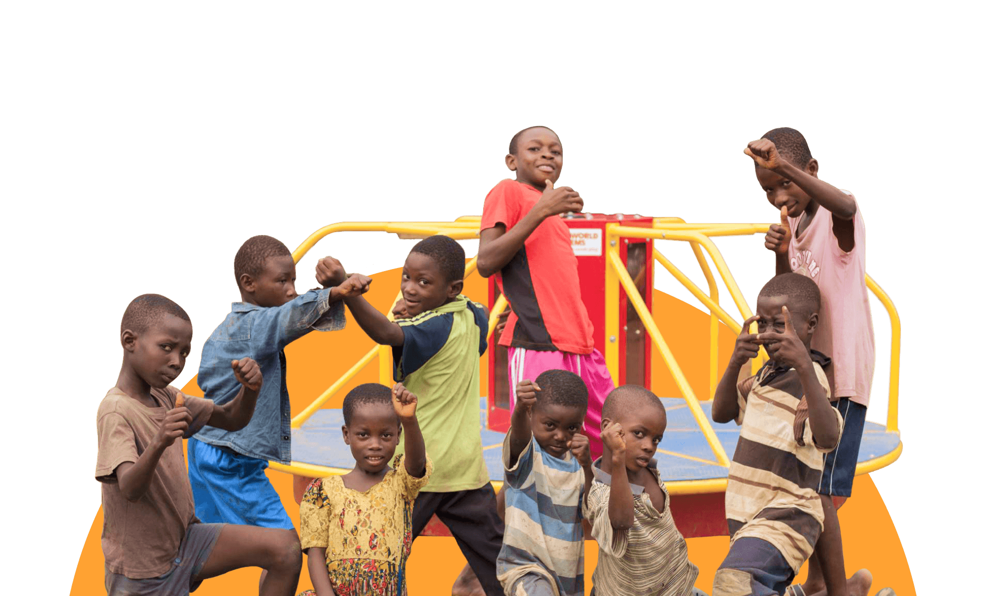 A group of children playfully posing with mock fighting gestures on and around playground equipment against a solid green background.