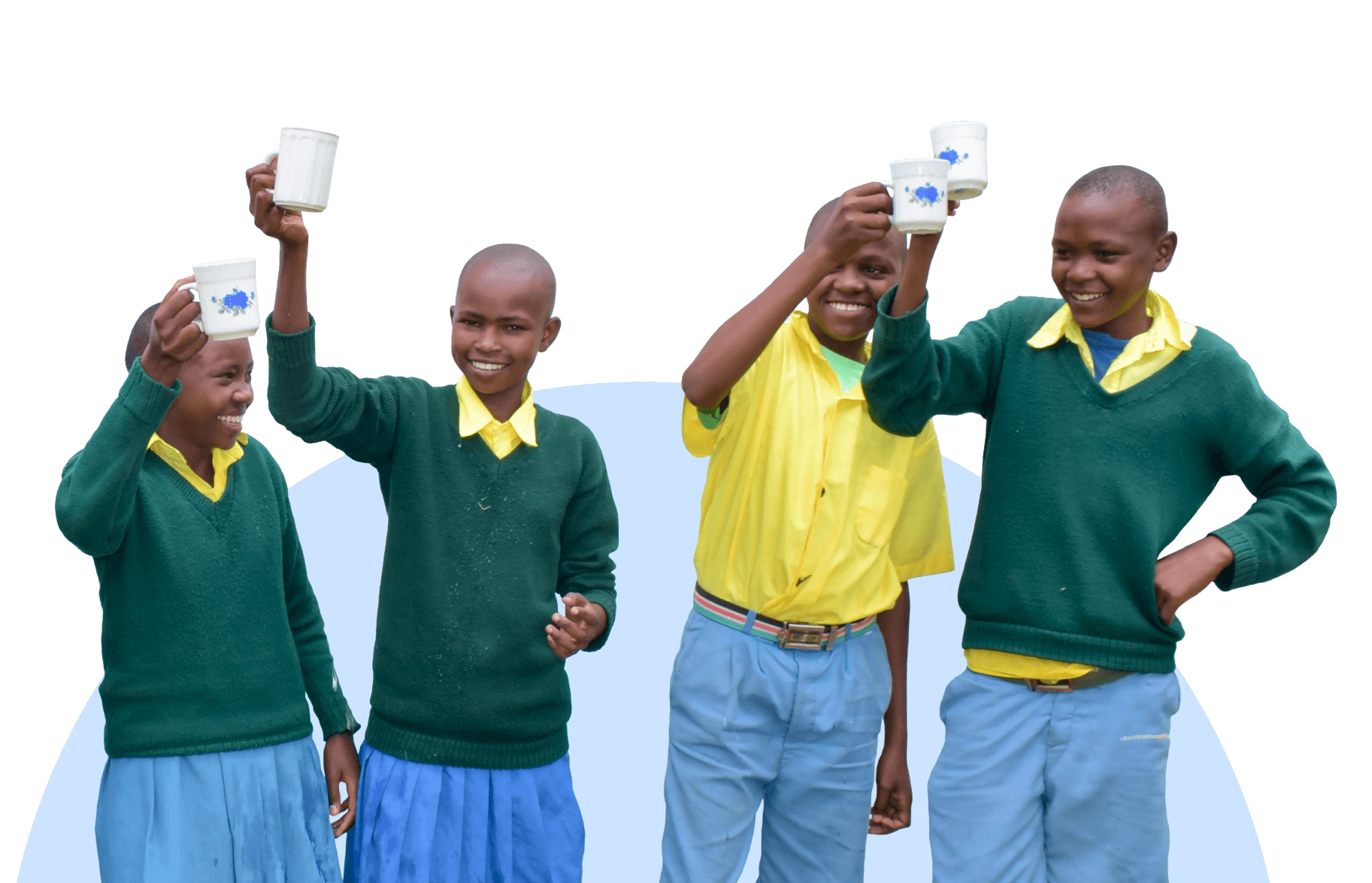 Four children in school uniforms cheerfully holding up cups as if making a toast, with two in skirts and two in pants, all smiling and enjoying a group activity.