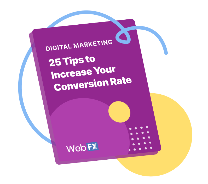 A notebook with the text "Digital Marketing- 25 Tips to Increase Your Conversion Rate" with a WebFX logo.