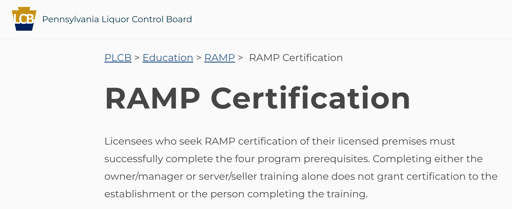 RAMP certification information for liquor training in PA