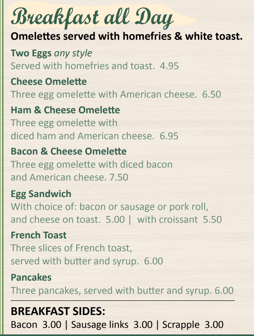 Menu from a restaurant showing their all-day breakfast options