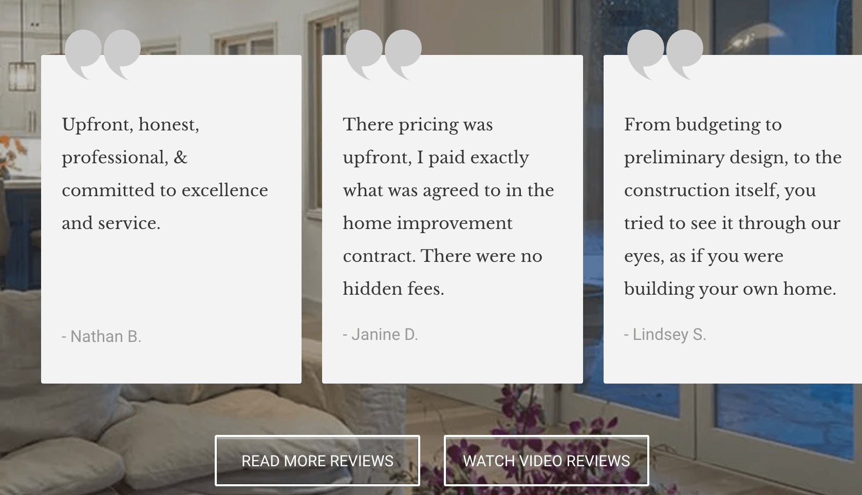 Testimonial blocks on a contractor website