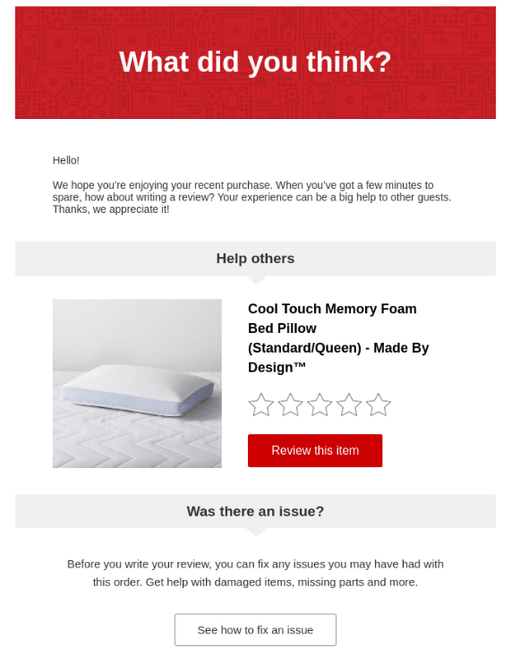 Thank you email by Target for a purchased pillow asking for a review