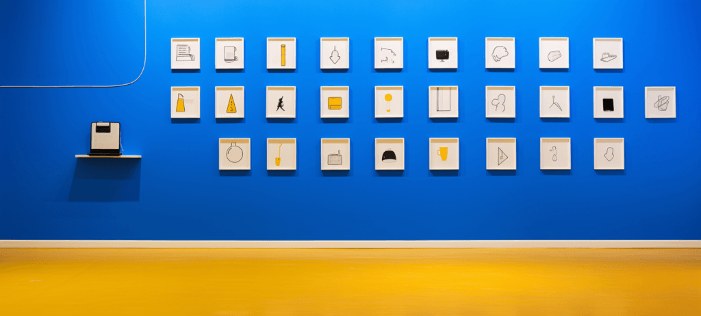 A gallery wall with a grid of framed line drawings of everyday objects and symbols, with a vintage radio on a shelf, against a blue wall above a yellow floor.