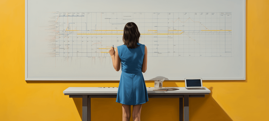 Woman in a blue dress standing in front of a large calendar