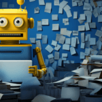 Robot sitting in a room filled with sticky notes and papers