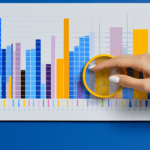 Woman analyzing data bars with a magnifying glass, concept for SEO insights and performance measurement