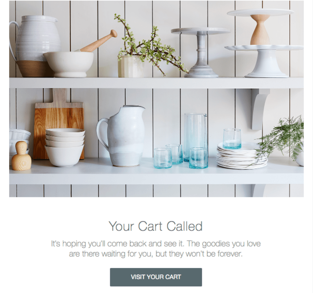 Pottery on a shelf with text about a reminder to return to cart