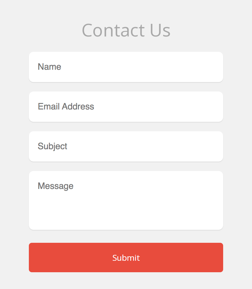 Contact us form featuring name, email, subject, and message with a red submit button