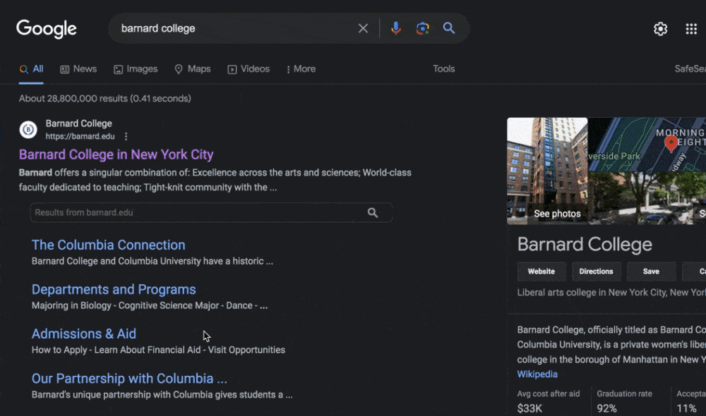 Clicking on Barnard College's website on Google and loading their homepage