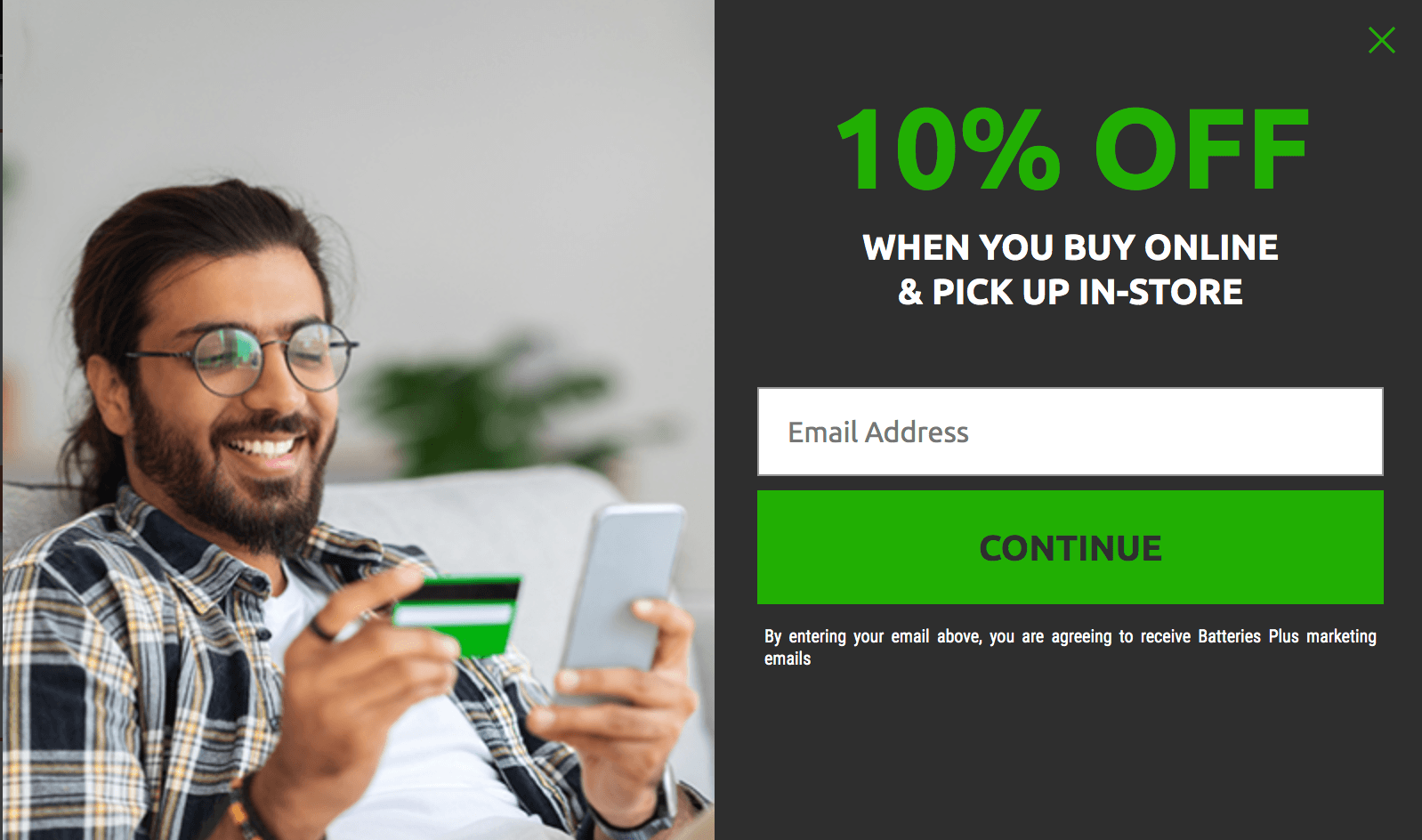 Pop-up offer on BatteriesPlus website offering 10% off