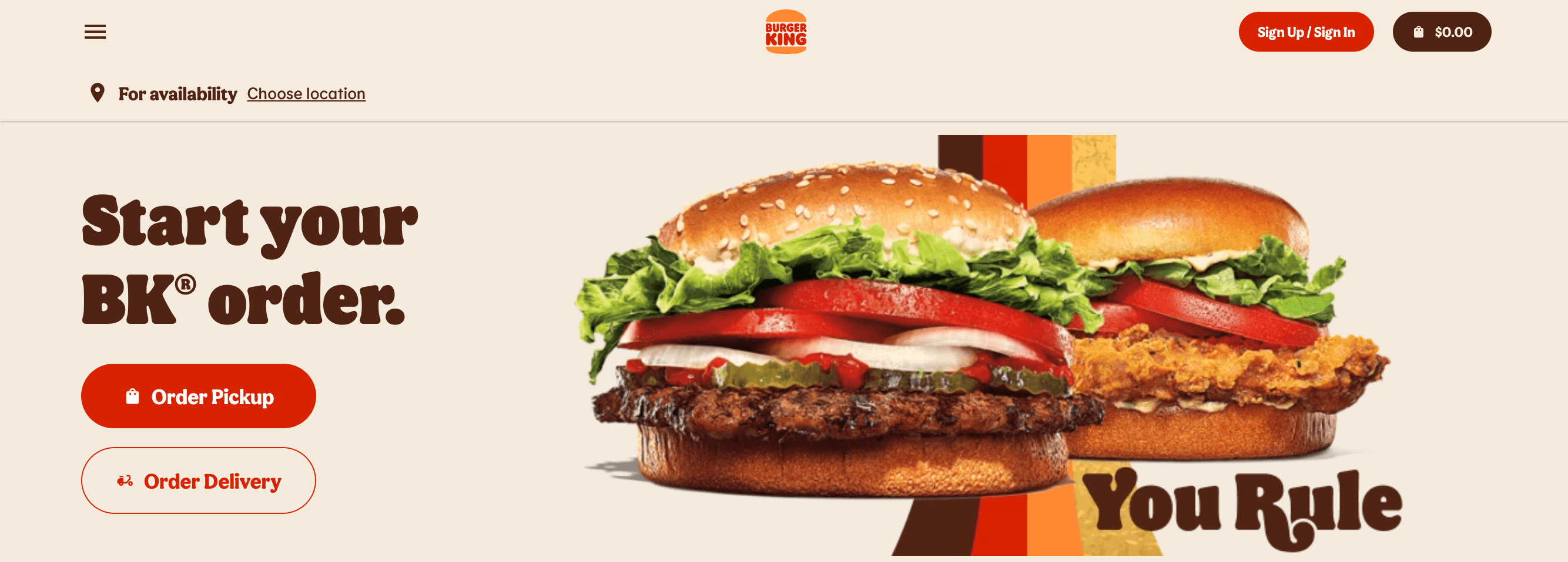 Homepage for Burger King