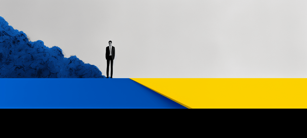 A stylized man in a suit stands where a white and blue cracked pattern transitions into the blue and yellow colors of the Ukrainian flag, representing a conceptual or artistic scene.