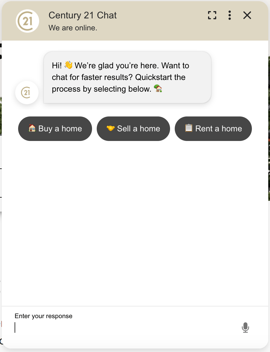 Chatbox open on Century 21's website